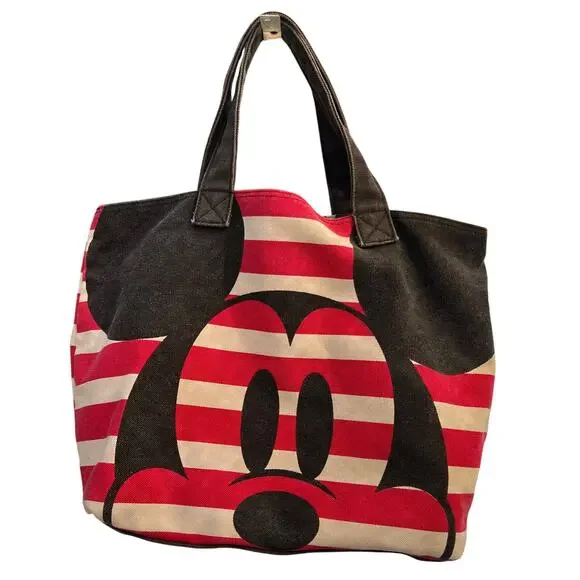 Disney Store Minnie Mouse Canvas Tote Bag Red Striped Polka Dot Lined One Size - Picture 2 of 9